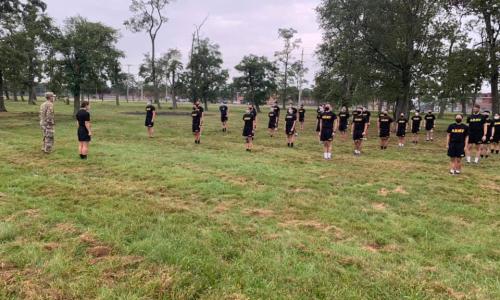 Cadets participating in socially-distanced physical training